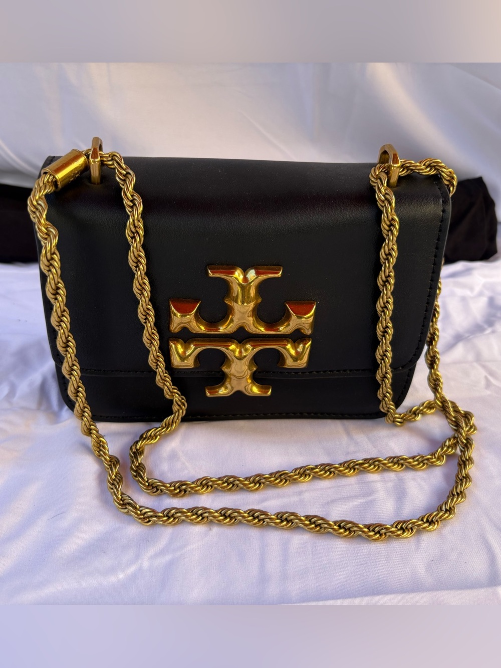 Tory Burch Black Leather Crossbody with Gold Logo and Chain
